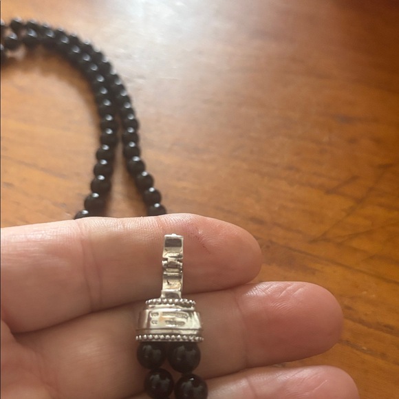 Judith Ripka double strand onyx round bead necklace CZ accents & heart pendant - Picture 6 of 10